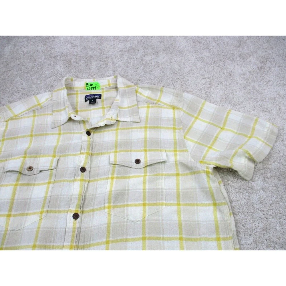 Patagonia Shirt Men Large White Yellow Plaid Steersman Hiking Casual Button Up * - Picture 3 of 14